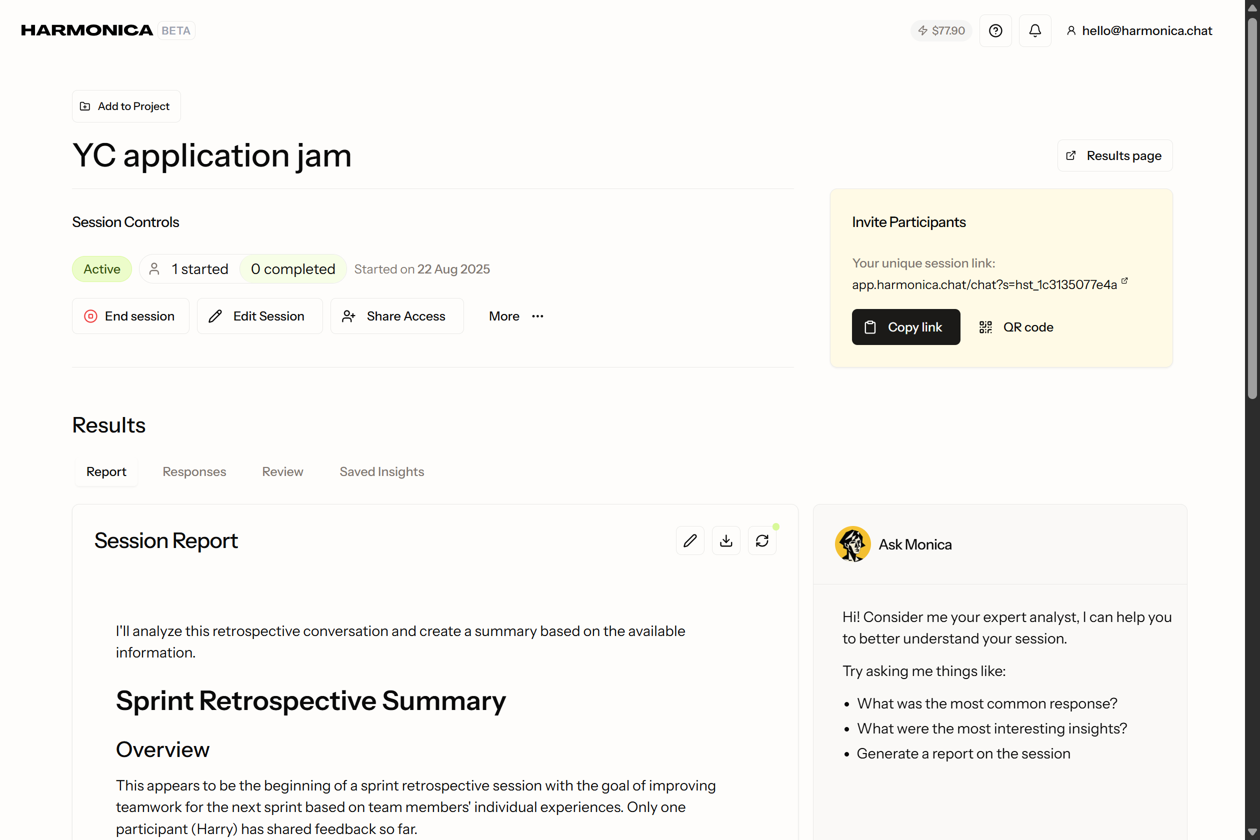 Harmonica dashboard showing a founder session